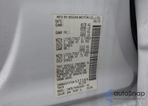 2019 Nissan Titan Xd Sv Diesel from USA, damaged, VIN 1N6BA1F37KN522169
